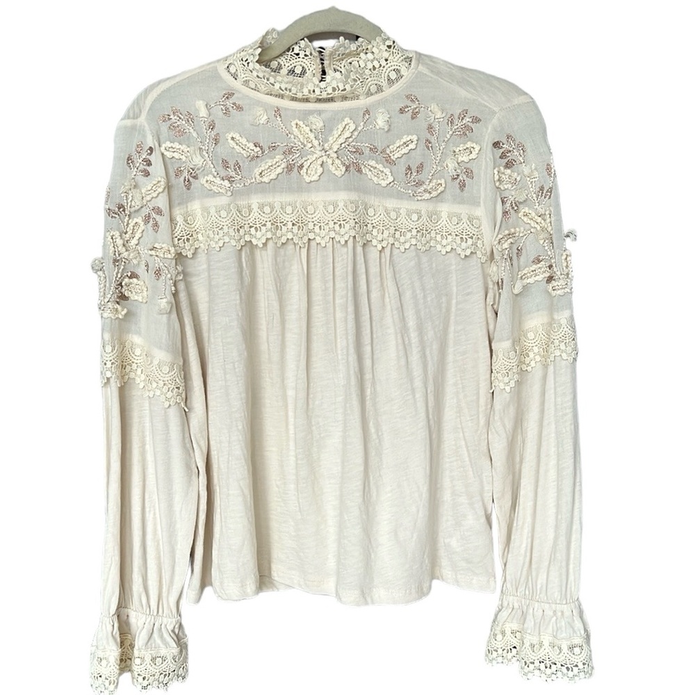 Anthropologie Knit Lace Cottagecore Long Sleeve Ruffle Top Ivory
